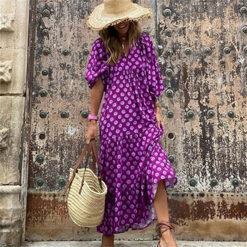 Dames Maxi Jurk - V-Hals - Pofmouwen - Polkadot Print - Luchtige Losse Pasvorm
