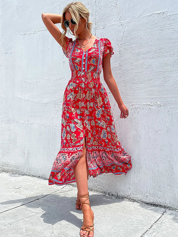 Dames Maxi Jurk - Bohemian Stijl - Bloemenprint - V-Hals - Korte Pofmouwen - Getailleerd