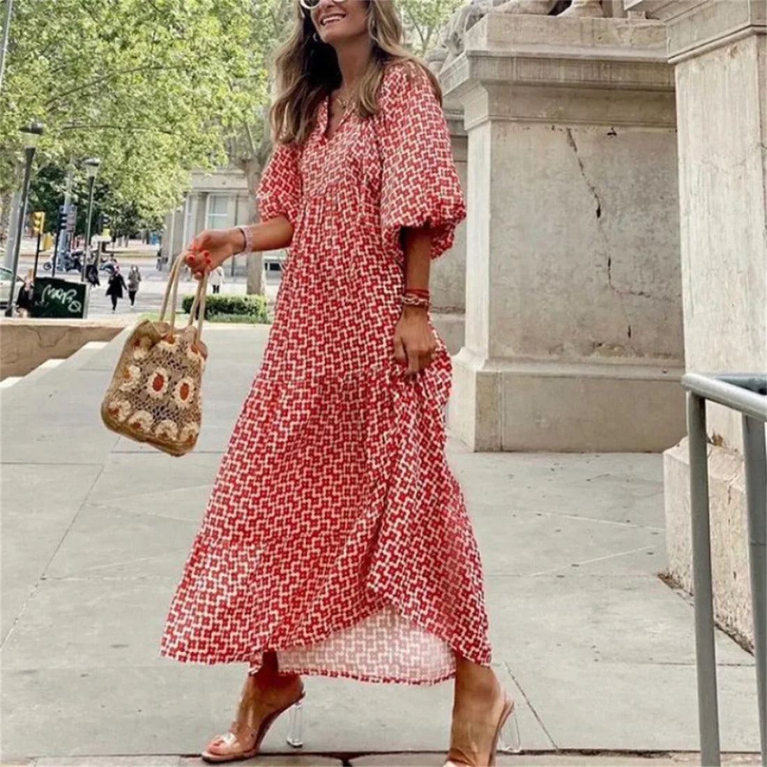 Dames Maxi Jurk - V-Hals - Pofmouwen - Polkadot Print - Luchtige Losse Pasvorm