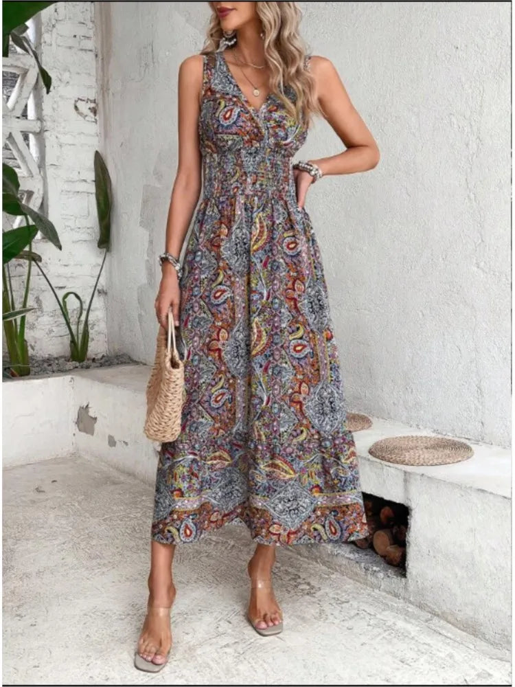 Dames Maxi Jurk - Mouwloos - V-Hals - Bohemian Print - Comfortabele Pasvorm