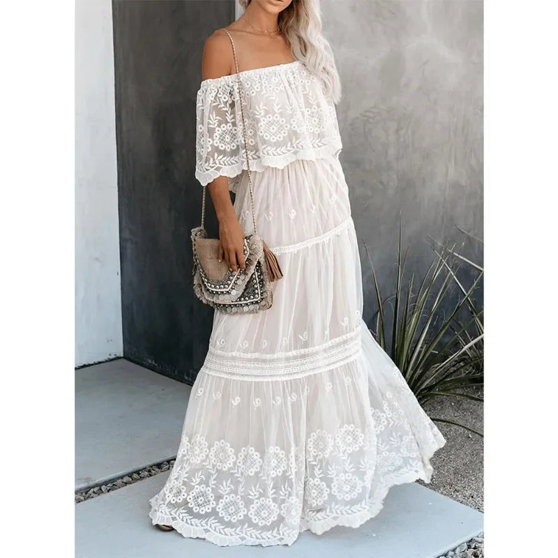 Dames Maxi Jurk – Off-Shoulder – Bohemian Stijl – Gelaagde Rok – Kantdetails