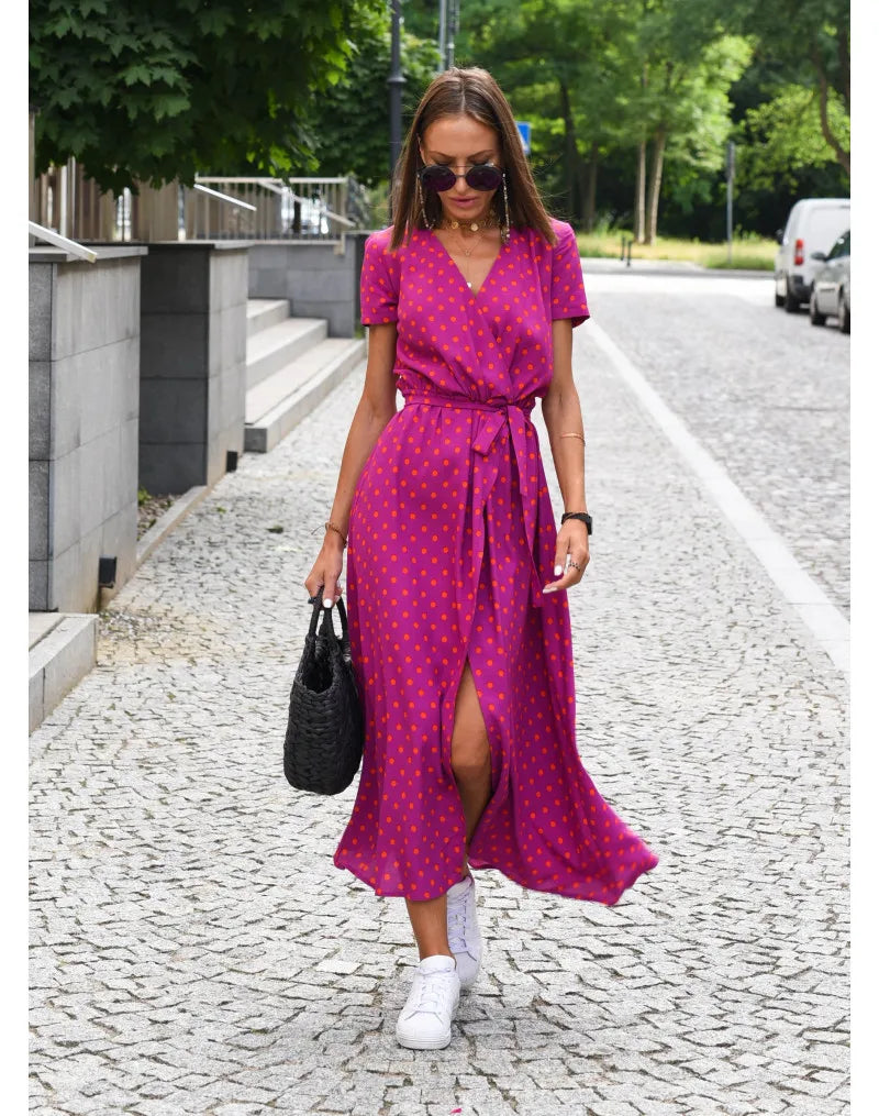 Dames Wikkeljurk - V-Hals - Korte Mouw - Midi Lengte - Tailleceintuur - Bloemenprint