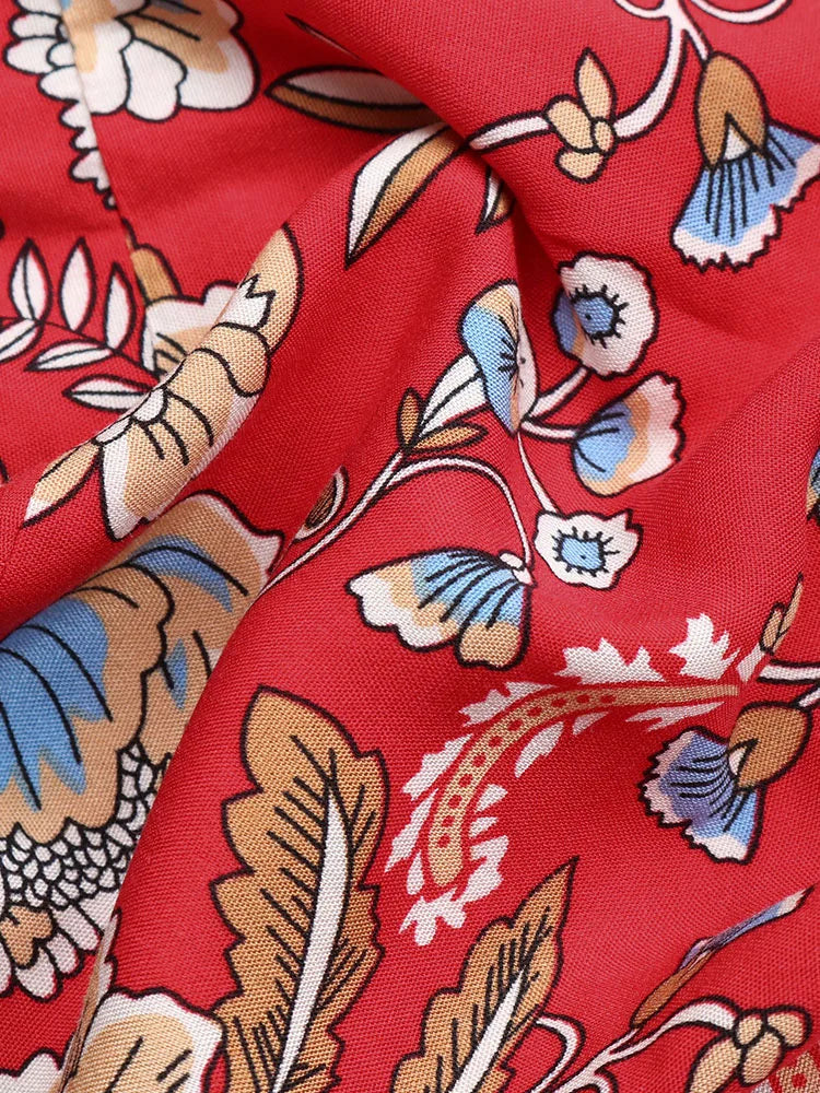 Dames Maxi Jurk - Bohemian Stijl - Bloemenprint - V-Hals - Korte Pofmouwen - Getailleerd