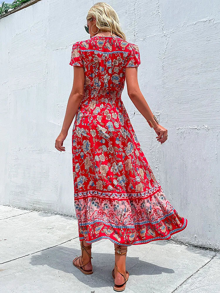 Dames Maxi Jurk - Bohemian Stijl - Bloemenprint - V-Hals - Korte Pofmouwen - Getailleerd