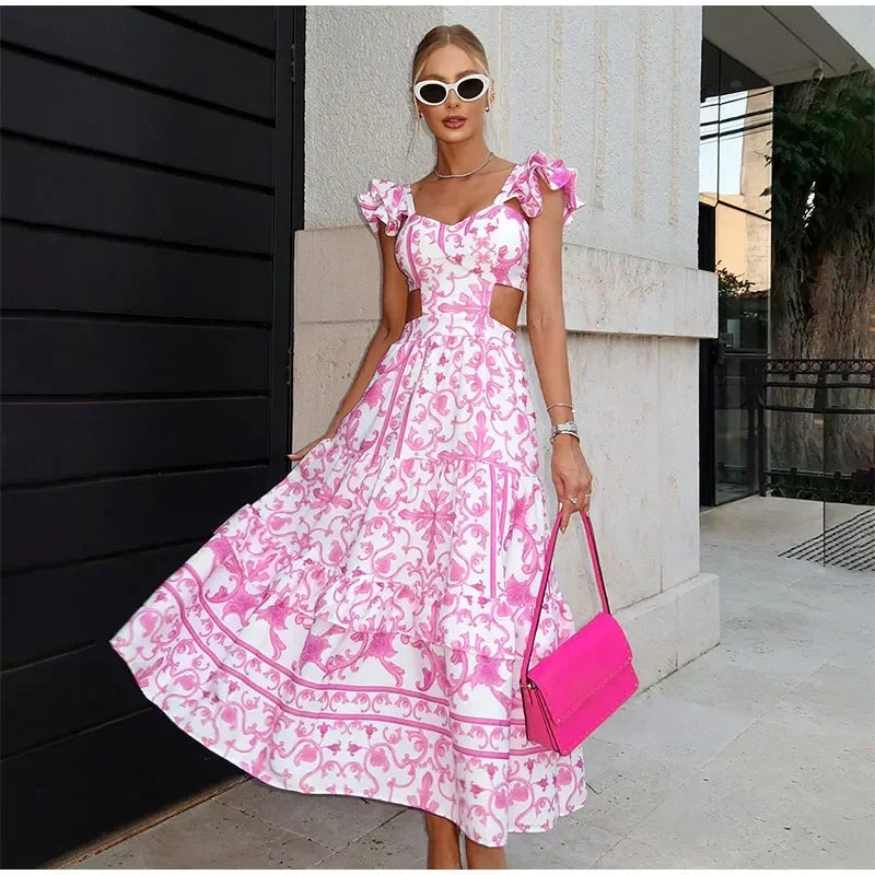 Dames Midi Jurk - Fit & Flare - Ruches Mouw - Cut-Out Taille - Sweetheart Halslijn