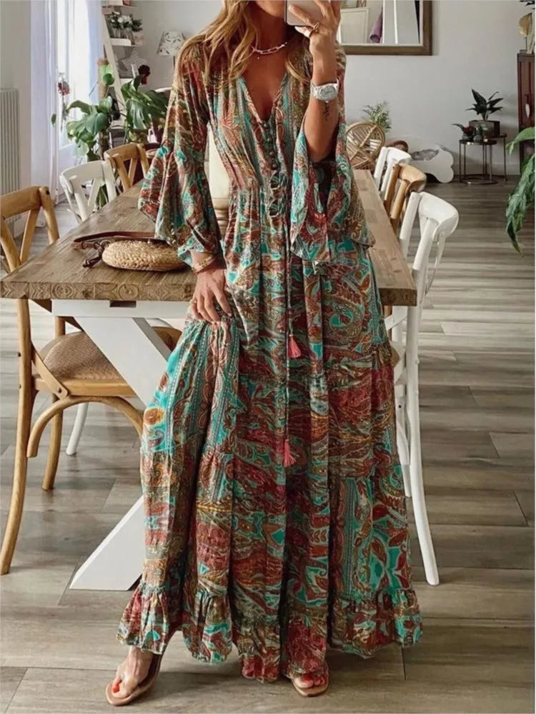 Dames Maxi Jurk - V-hals - Lange Wijde Mouwen - Rucheszoom - Bohemian Stijl