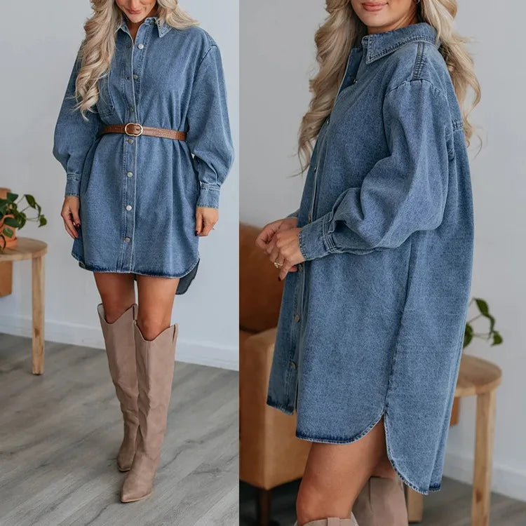 Dames Overhemdjurk - Denim - Relaxed Fit - Lange Mouw - Knoopsluiting - Borstzak